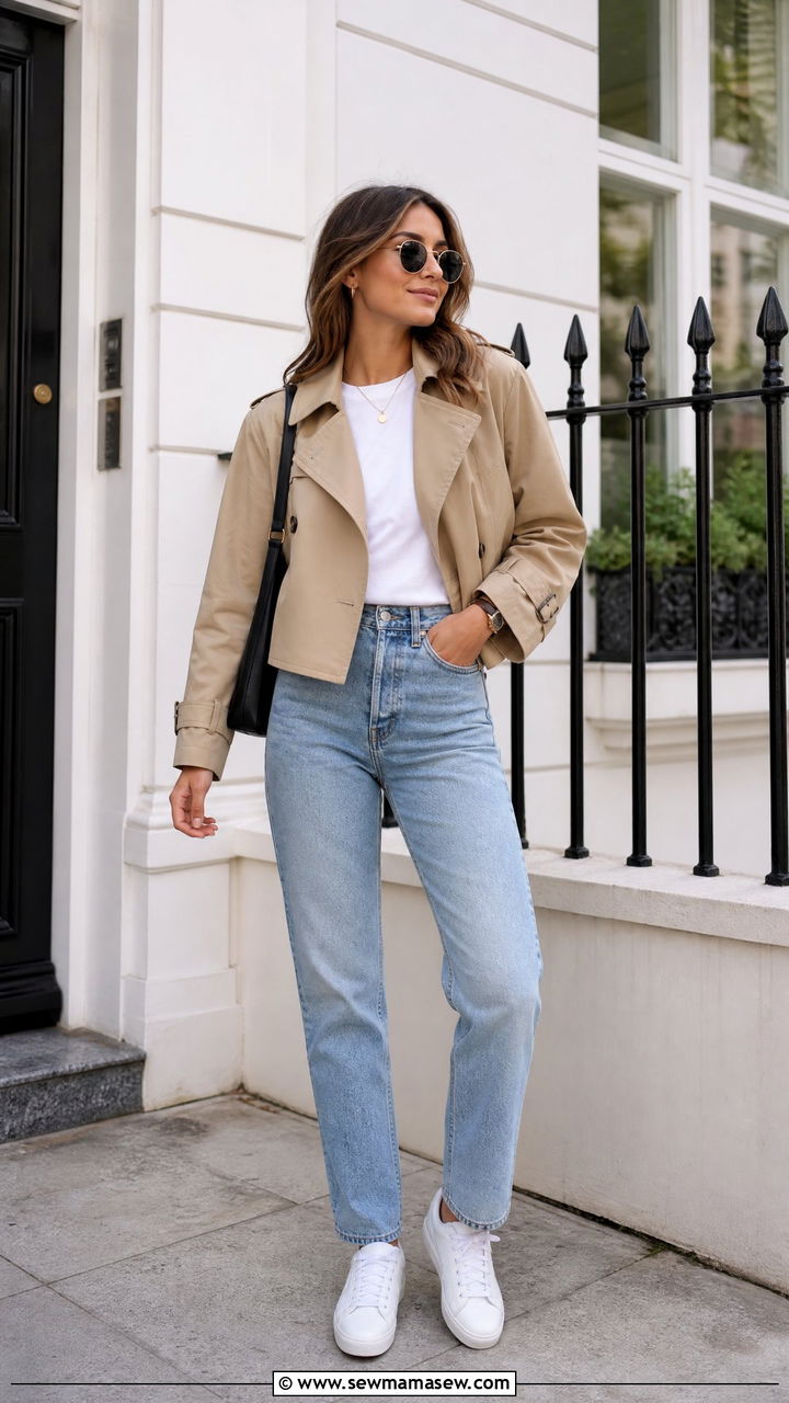 Cropped trench coat with straight leg jeans and white tee - 25 chic cropped trench coat outfit ideas