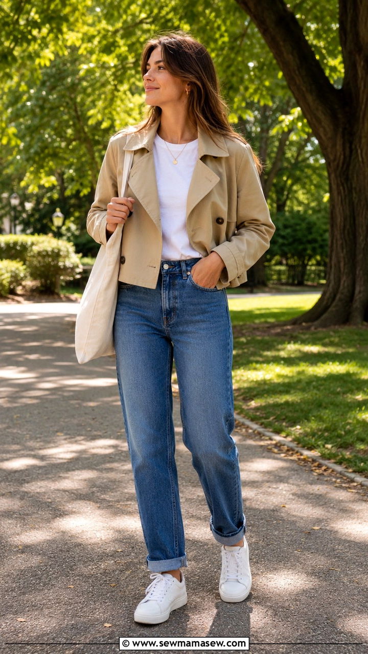 Cropped trench coat with straight leg jeans and white tee - 20 cropped trench outfits aesthetic