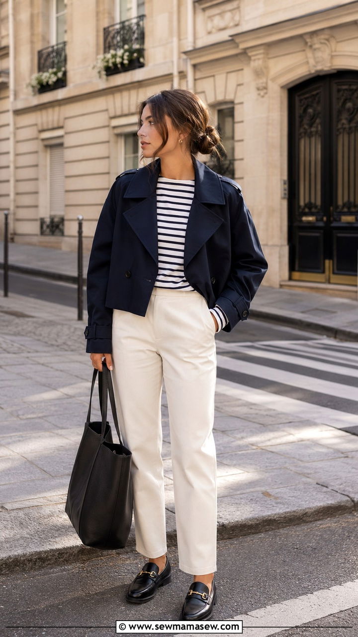 Cropped trench coat with striped shirt and loafers - 20 cropped trench outfits aesthetic