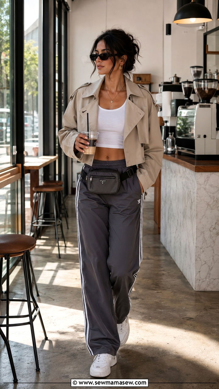 Cropped trench coat with track pants - 20 cropped trench outfits aesthetic