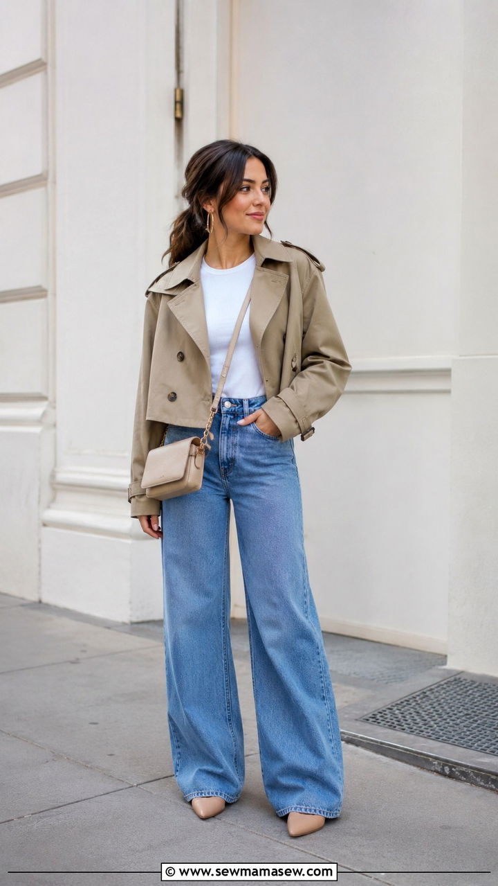 Cropped trench coat with wide leg jeans - 25 Petite outfit ideas spring 2026