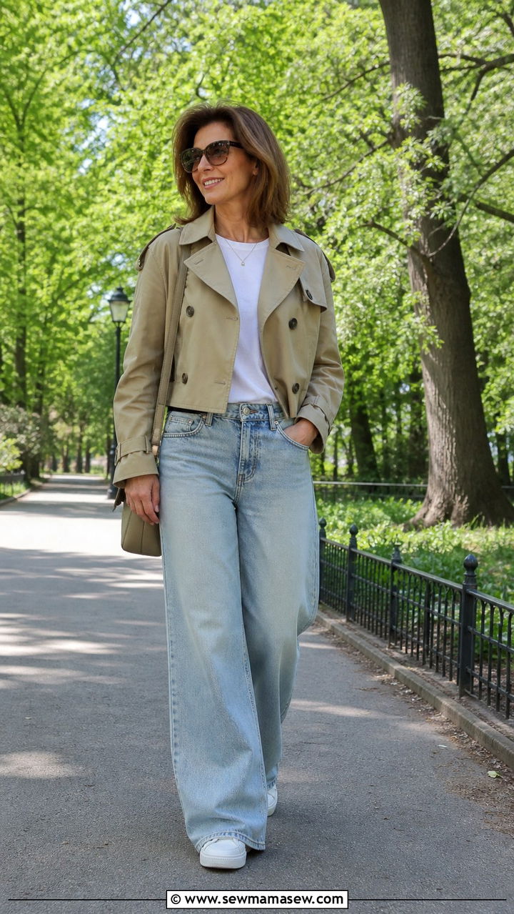 Cropped trench coat with wide leg jeans spring outfit - 40 Spring outfit ideas for women over 40 2026