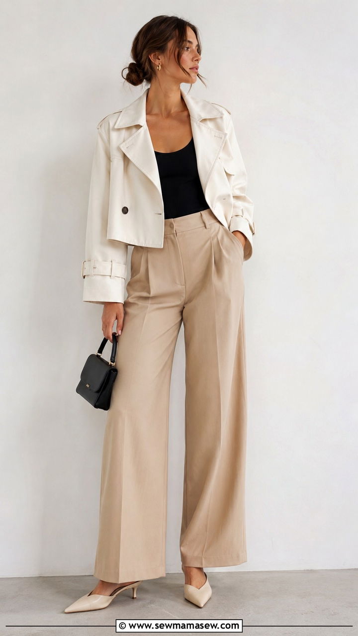 Cropped trench coat with wide leg tailored trousers - 25 Wide leg pants outfit ideas with a trench coat