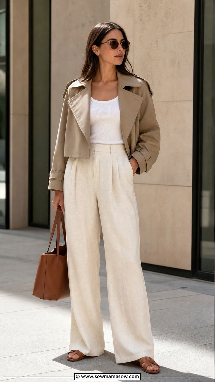 Cropped trench coat with wide leg trousers - 30 summer trench coat outfit ideas