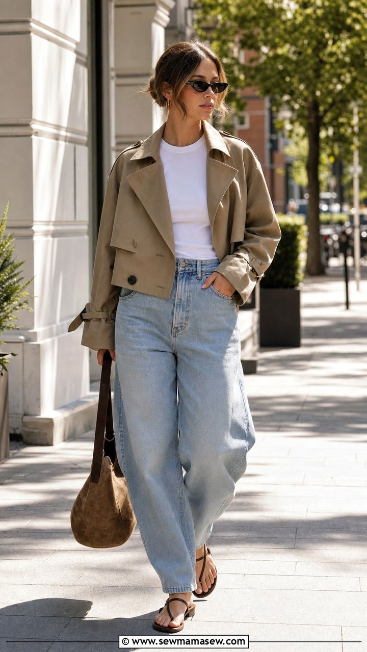 Cropped trench jacket with high waisted barrel leg jeans - 25 Spring outfits for 30 year old woman