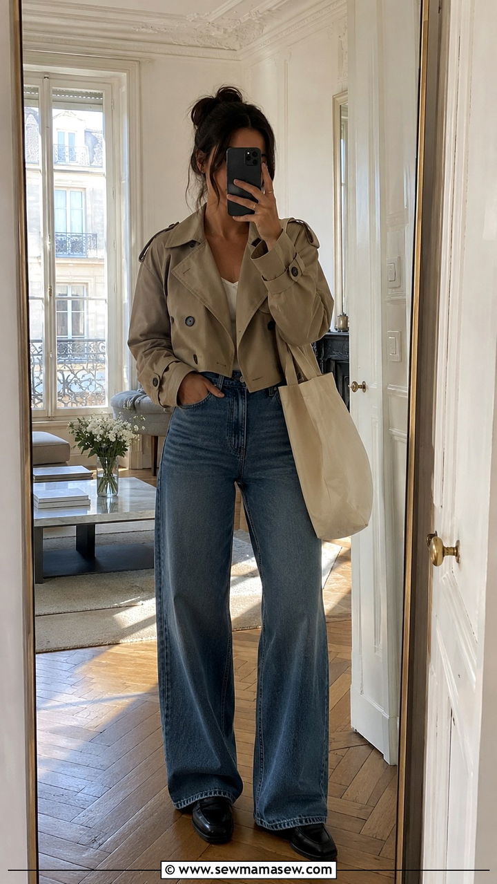 Cropped trench jacket with wide leg jeans - 30 Spring Parisian outfits 2026
