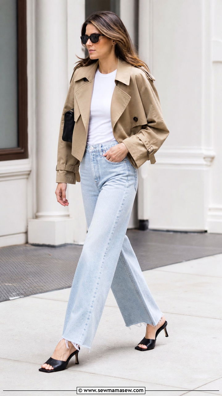 Cropped trench wide leg jeans and mules - 20 Wide leg jeans outfit ideas with a trench coat