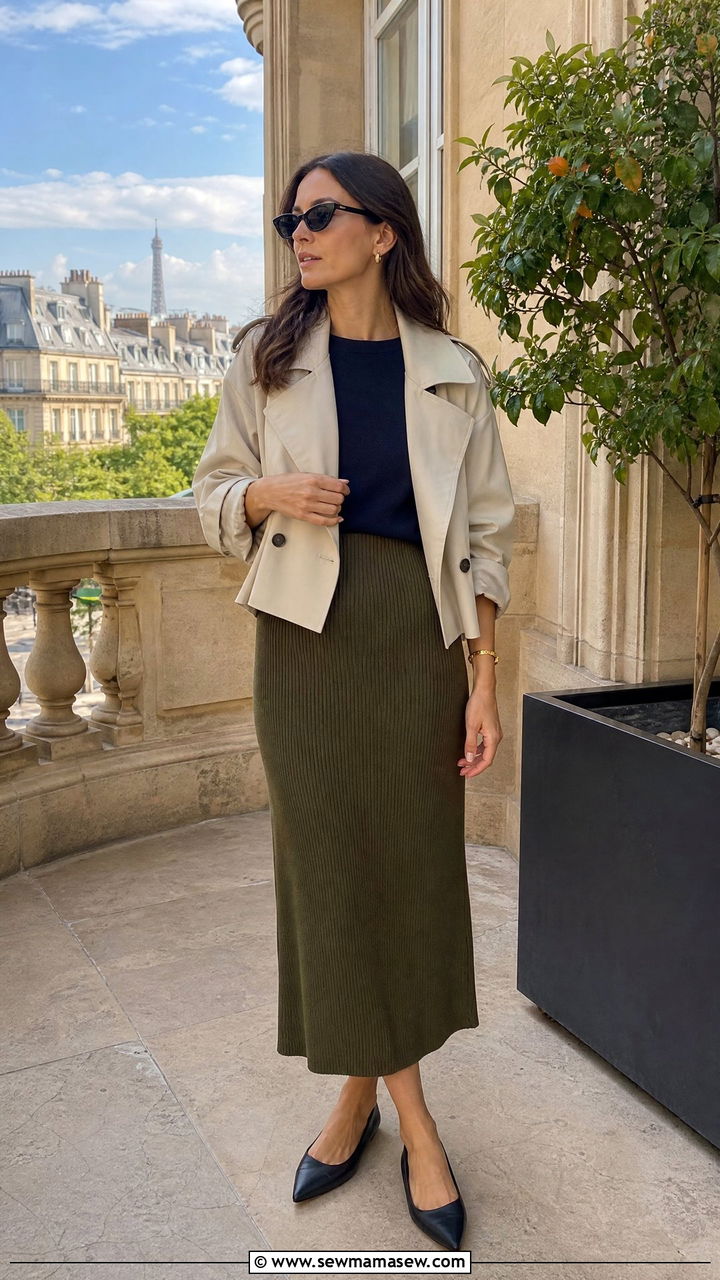Cropped trench with a knit midi skirt and pointy flats - 20 French girl outfit ideas Francoise Hardy