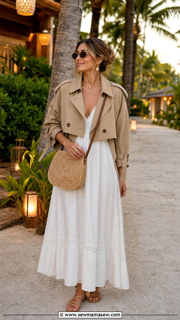 Cropped trench with a maxi dress and sandals - 25 cropped trench outfits inspo