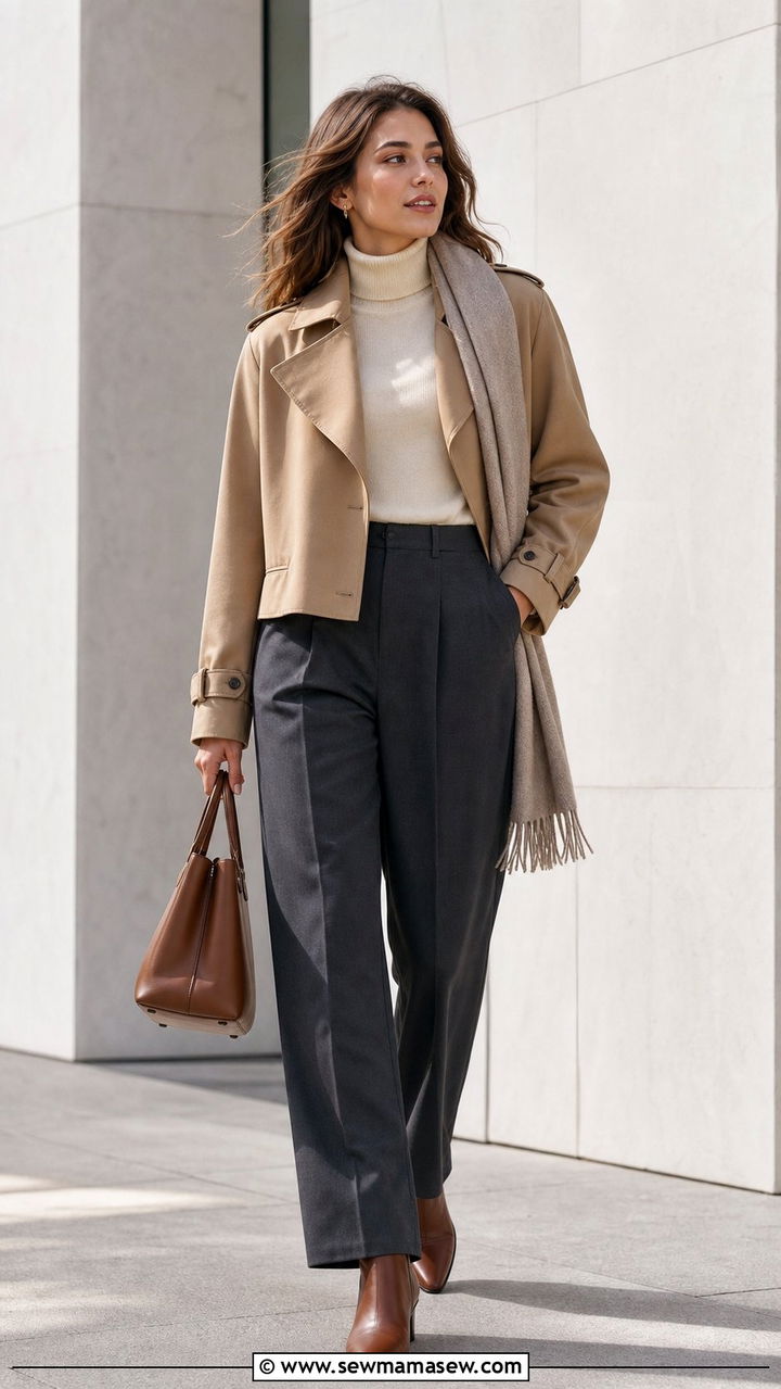 Cropped trench with a turtleneck sweater and tailored pants - 25 cropped trench outfits inspo