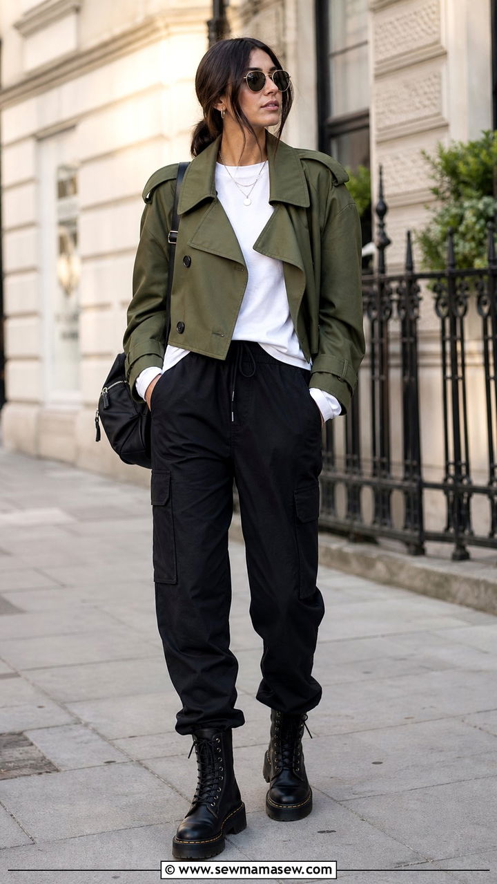Cropped trench with cargo pants and combat boots - 25 cropped trench outfits inspo