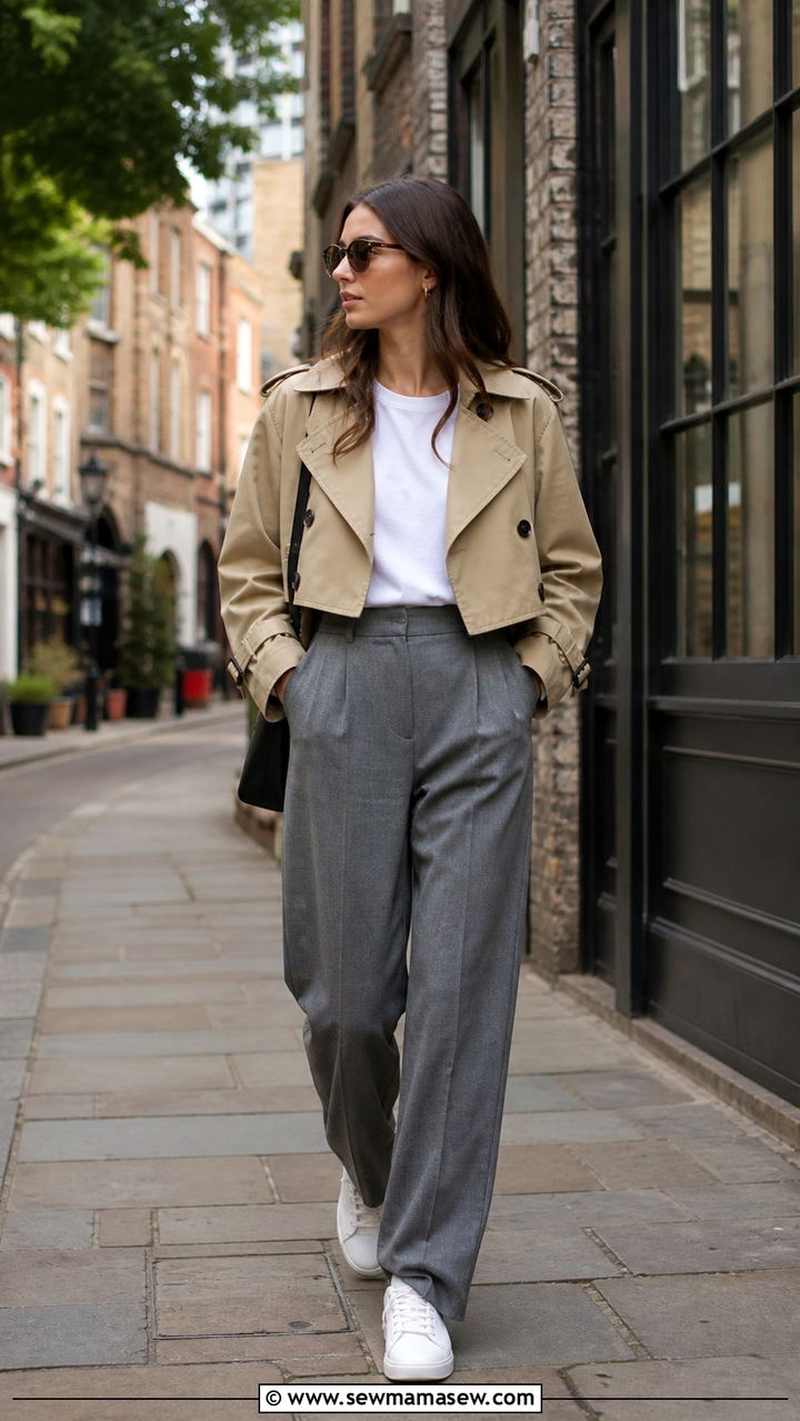 Cropped trench with flannel trousers and trainers - 40 London outfit ideas