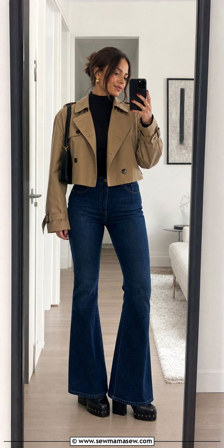 Cropped trench with flared jeans and platform heels - 25 cropped trench outfits inspo