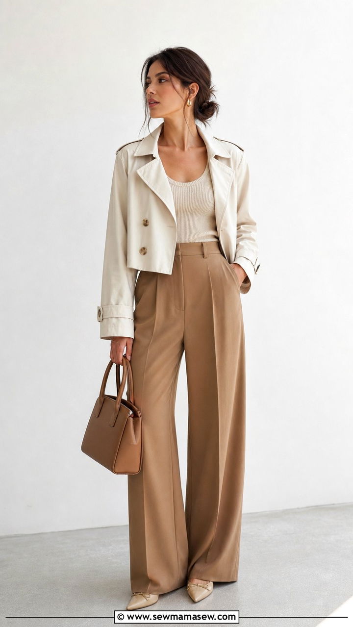 Cropped trench with high rise wide leg trousers - 25 cropped trench outfits inspo