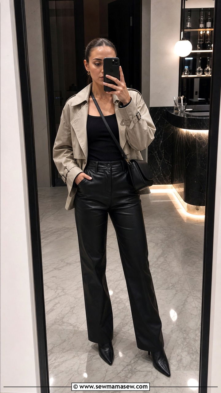 Cropped trench with leather pants and heels - 25 cropped trench outfits inspo