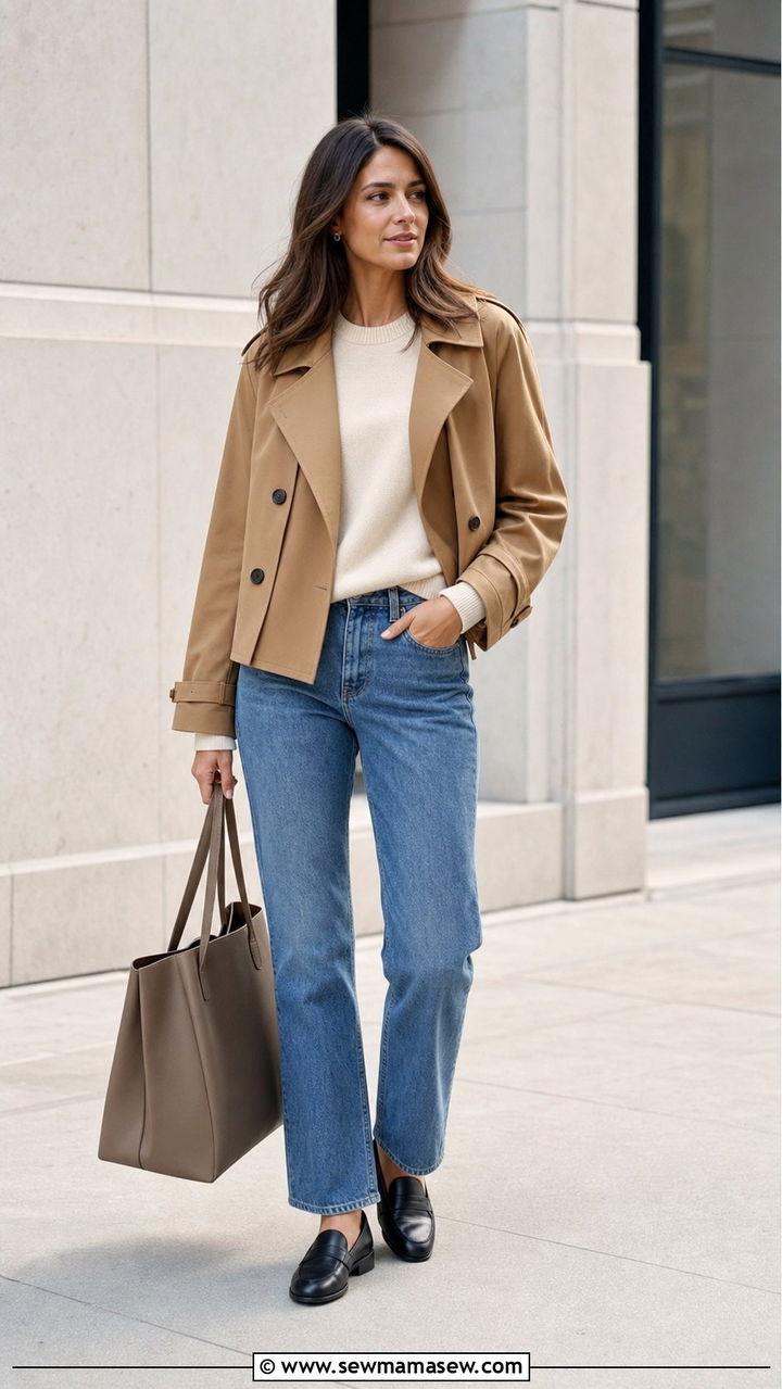 Cropped trench with straight leg jeans and loafers - 25 cropped trench outfits inspo