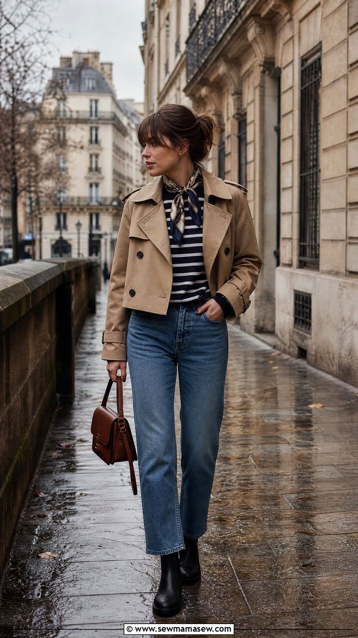 Cropped trench with striped sweater and straight jeans - 30 Cozy rainy day outfit ideas