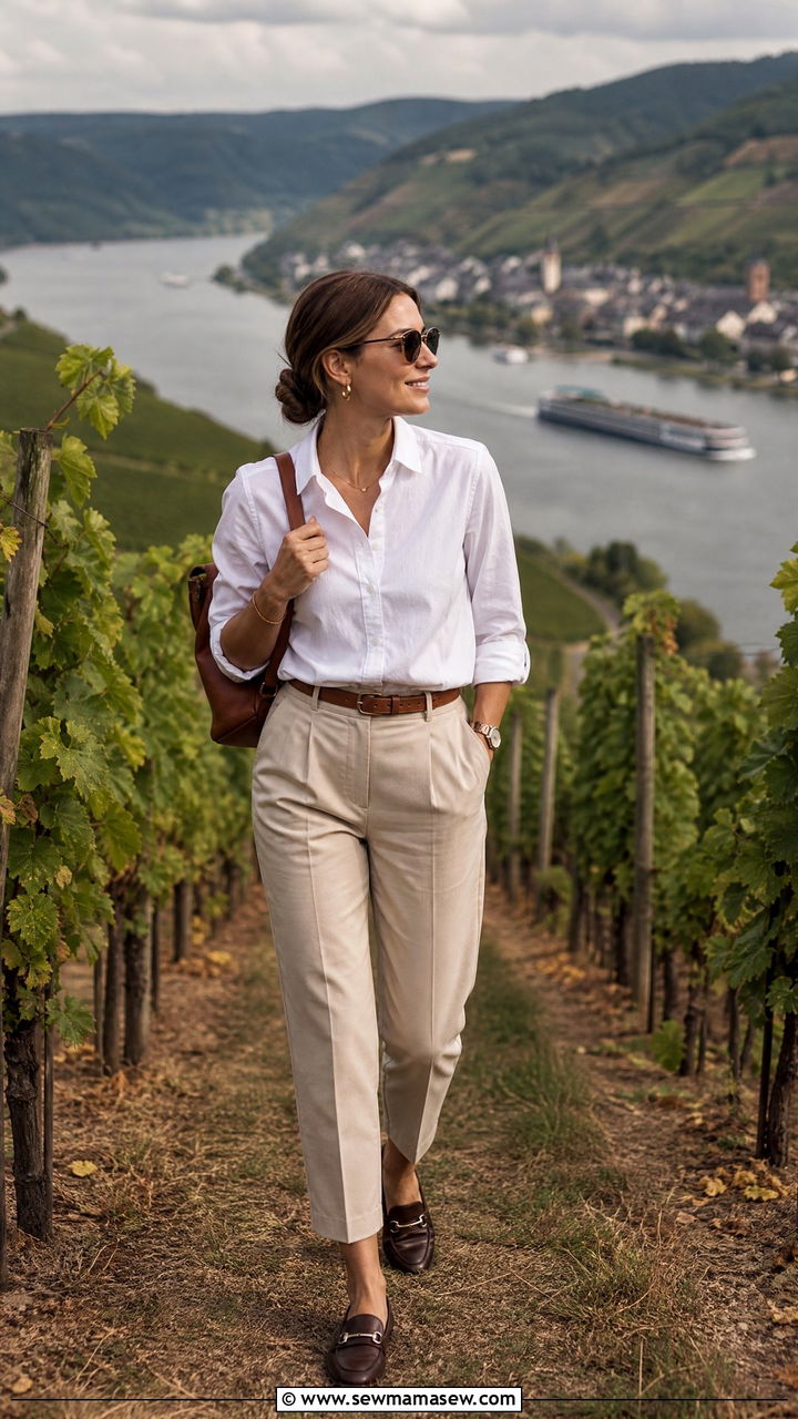 Cropped trousers and button down shirt outfit - 30 Rhine cruise outfit ideas