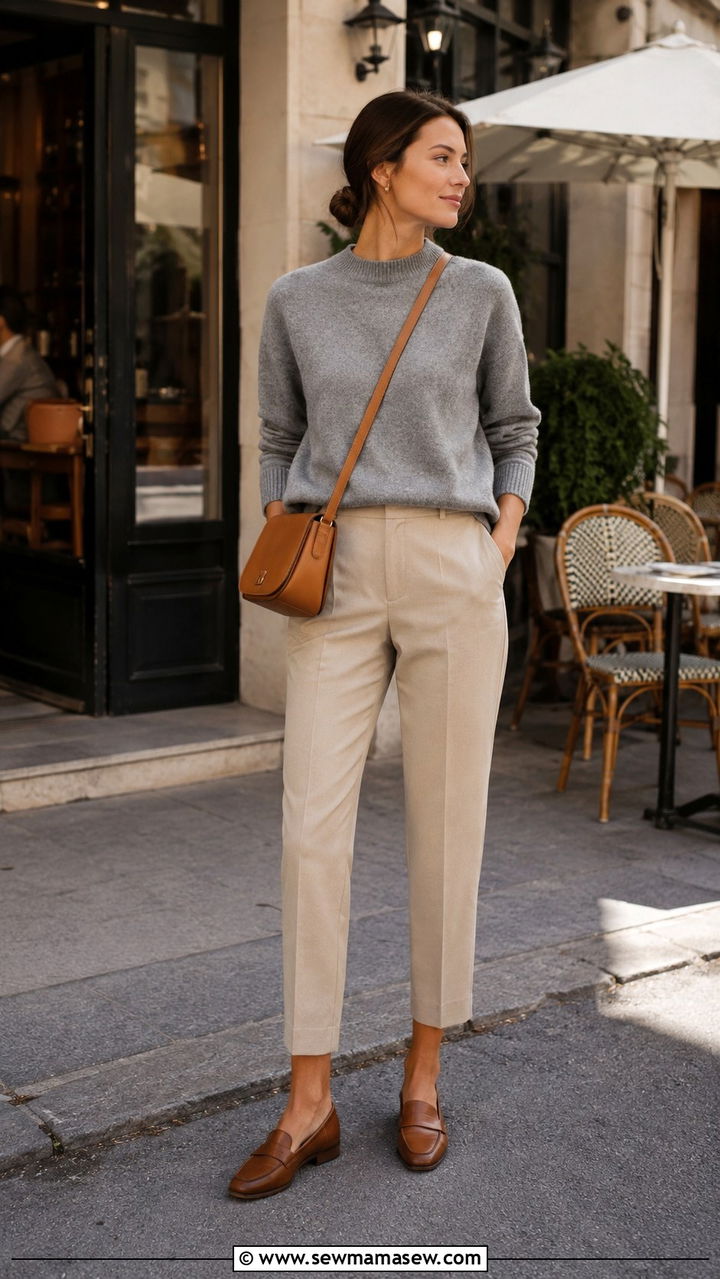 Cropped trousers with cashmere sweater and loafers - 25 Old money outfit ideas with trousers