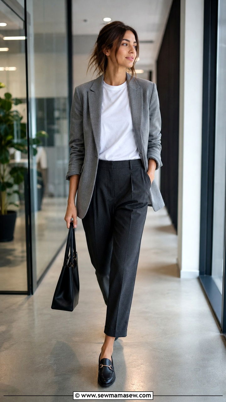 Cropped trousers with soft blazer and leather loafers - 40 casual office outfits