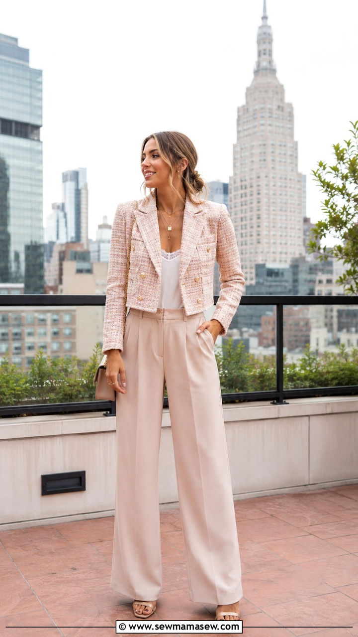 Cropped tweed blazer and high waisted trousers - 30 Tweed blazer outfit ideas for a wedding
