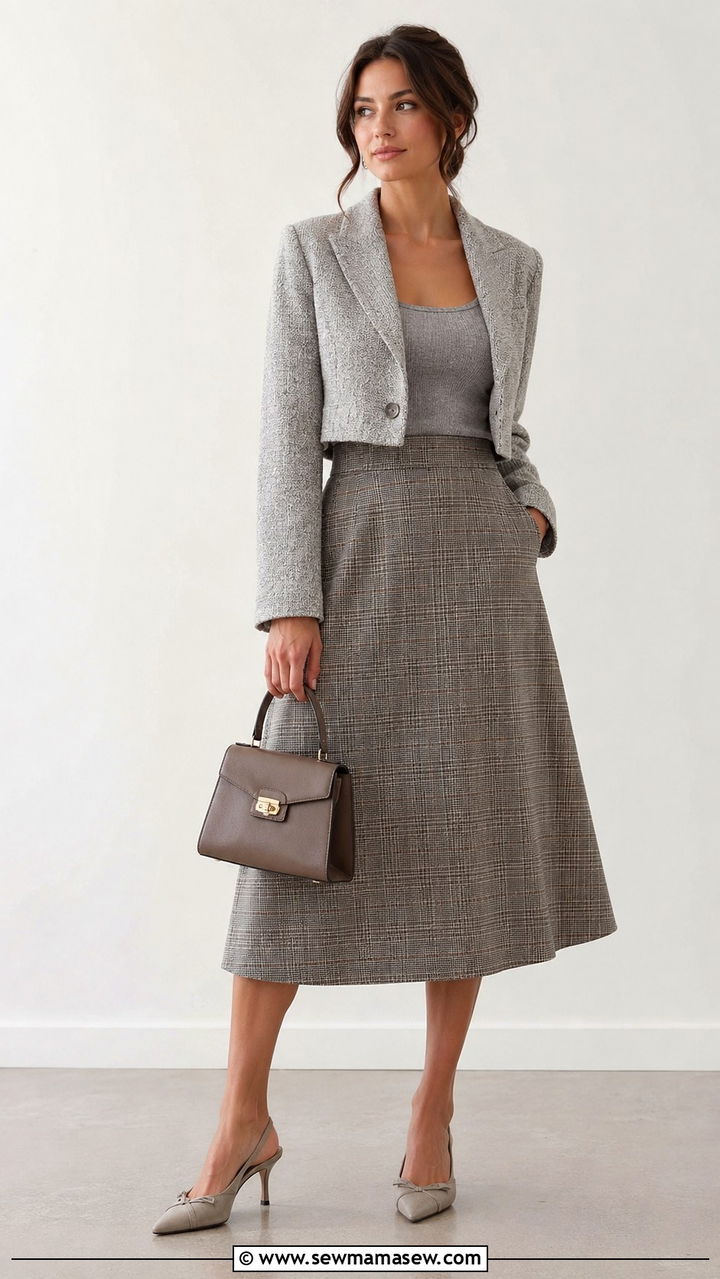 Cropped tweed blazer with high waisted A line midi skirt - 20 Tweed blazer outfit ideas with a skirt