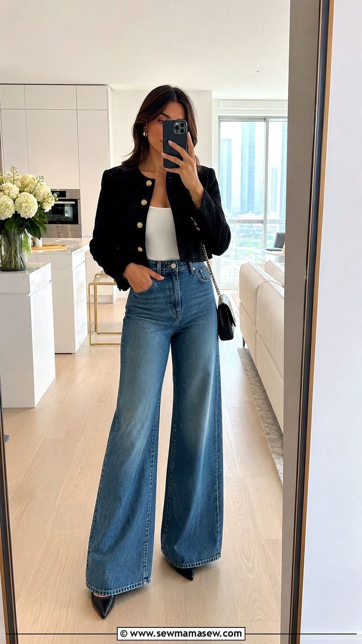 Cropped tweed blazer with high waisted wide leg jeans - 25 Tweed blazer outfit ideas with jeans
