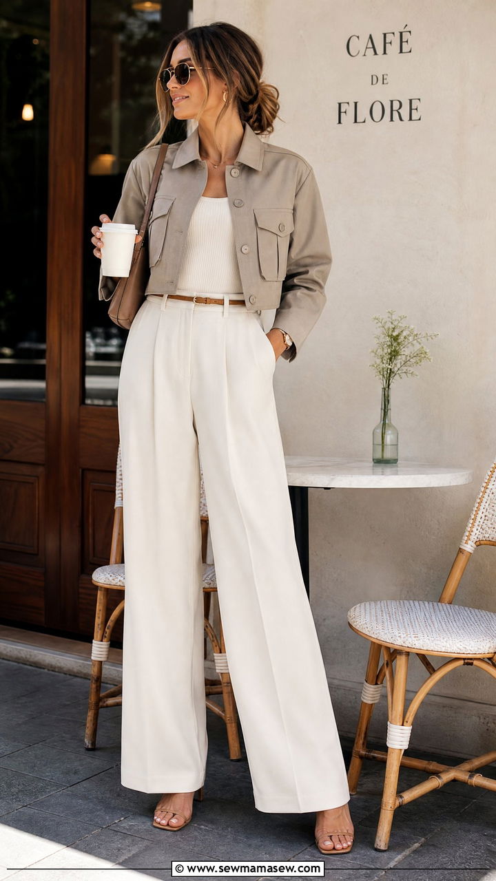 Cropped utility jacket and high waisted wide leg pants - 30 Summer outfits with utility jackets