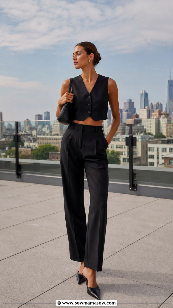Cropped waistcoat with high waist trousers - 25 waistcoat vest outfit ideas for women