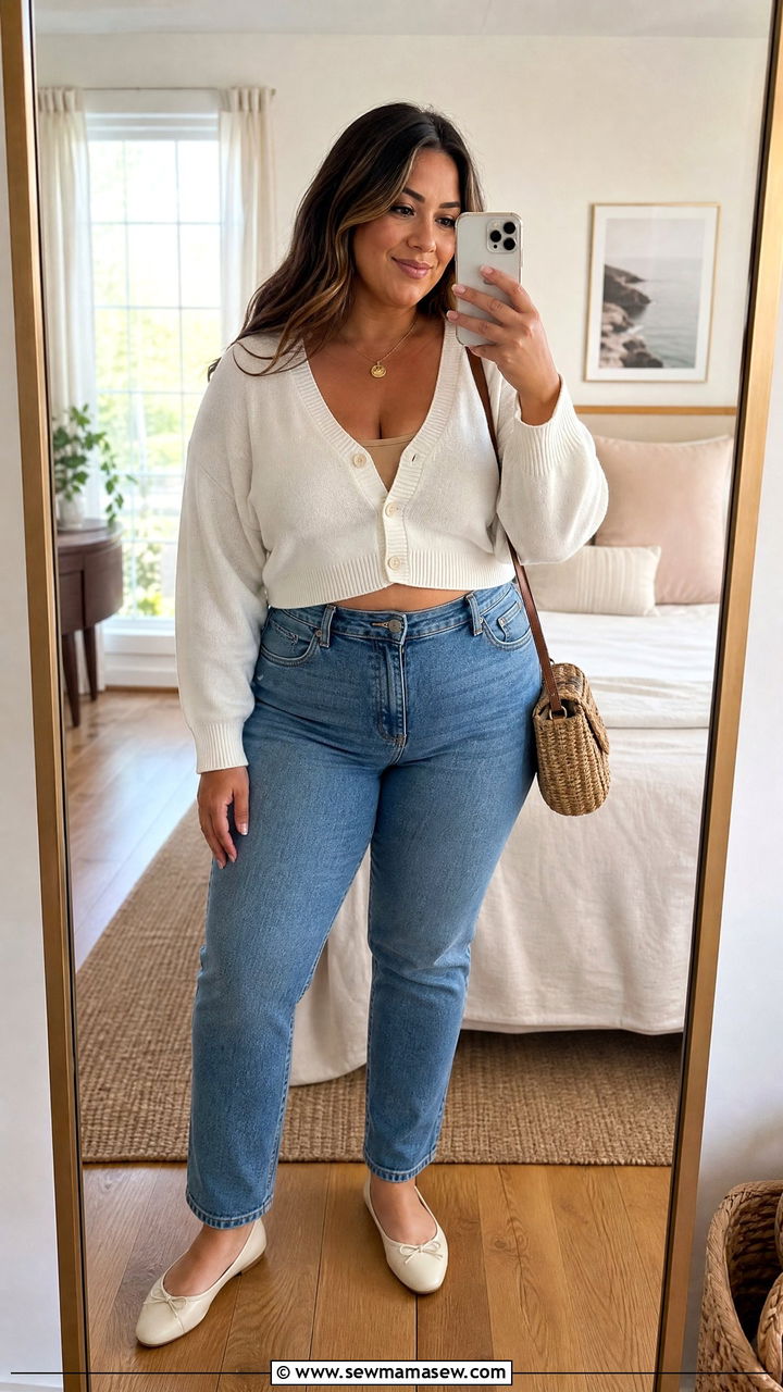 Cropped white cardigan over a cami and high waist jeans - 30 Clean girl outfit ideas plus size