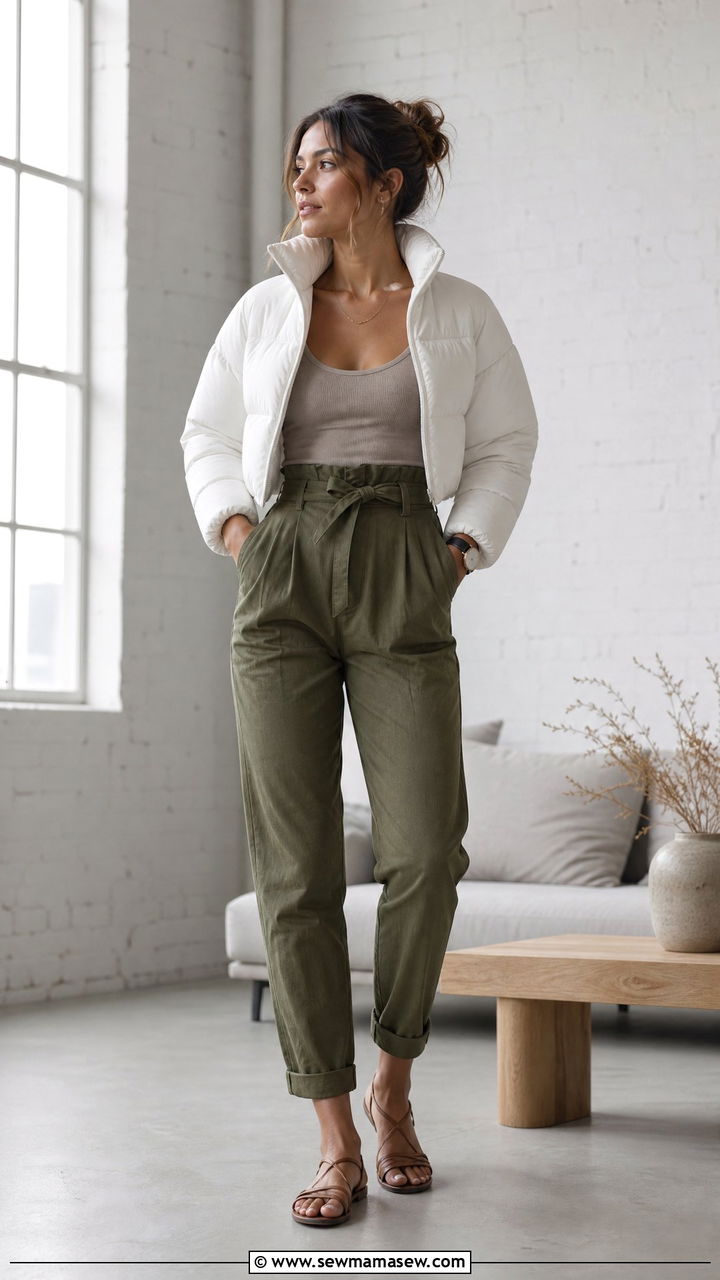 Cropped white puffer with paperbag waist trousers - 25 Spring outfits with puffer jacket
