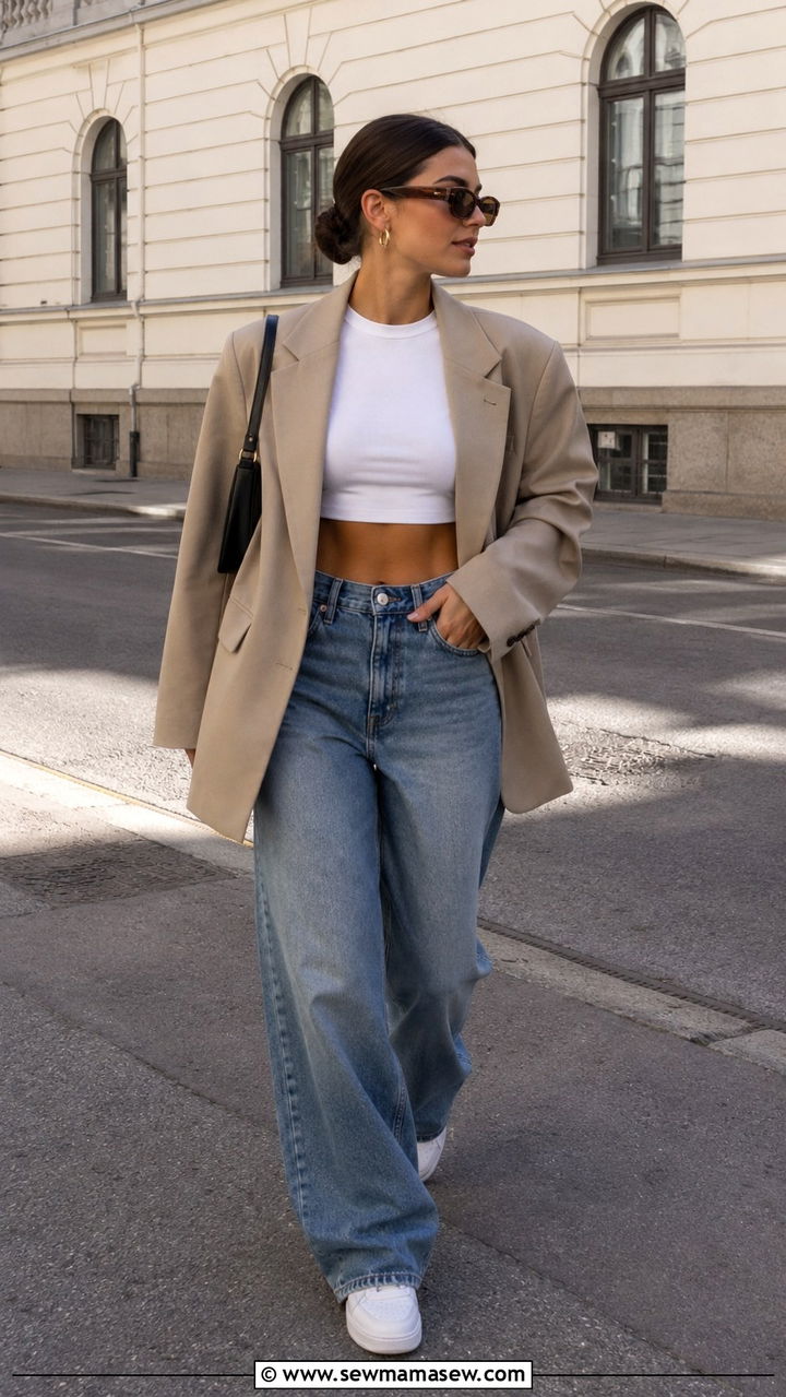 Cropped white tee with wide leg jeans and oversized blazer - 25 Polished spring outfit ideas 2026