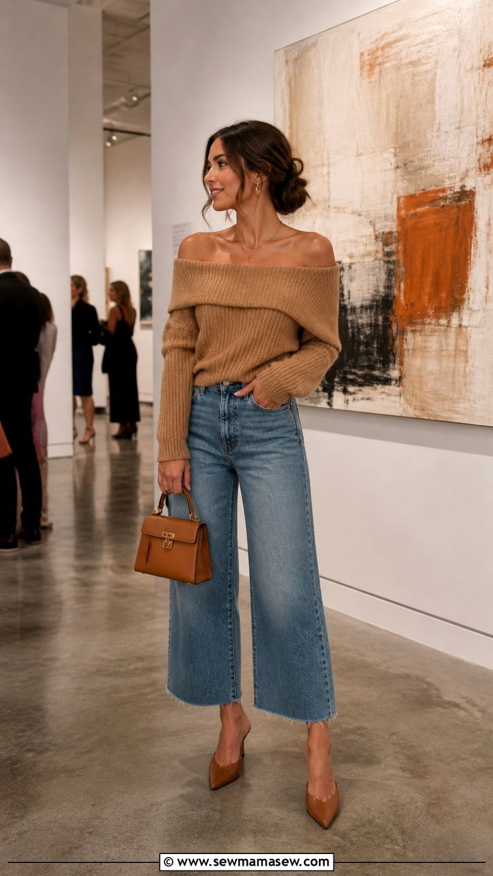 Cropped wide leg jeans with off the shoulder sweater and mules - 40 jeans outfits