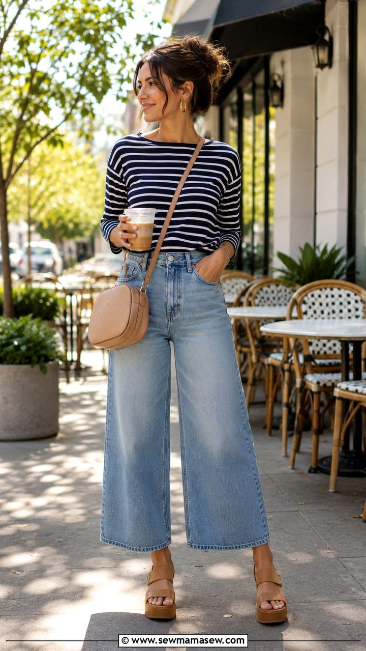 Cropped wide leg jeans with striped boatneck tee - 25 Petite wide leg pants outfit ideas