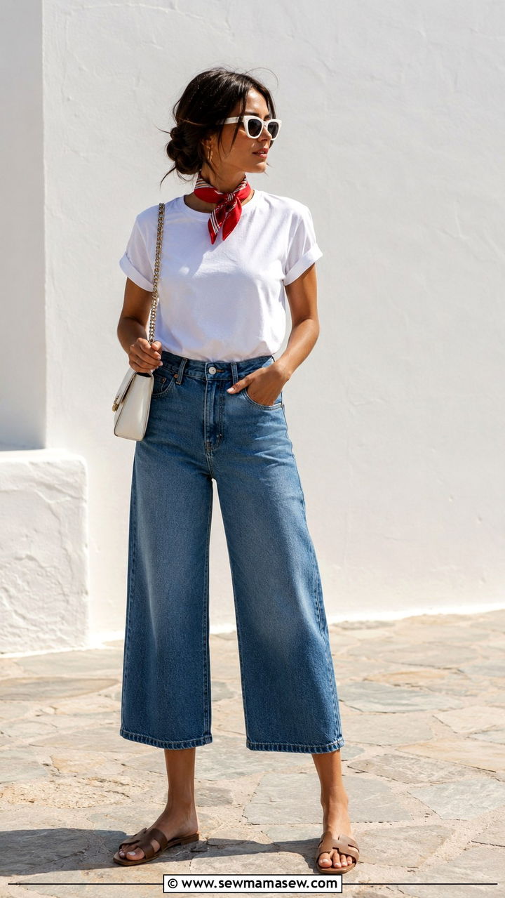 Cropped wide leg jeans with white tee and neck scarf outfit - 25 Outfit ideas for women over 40 casual 2026