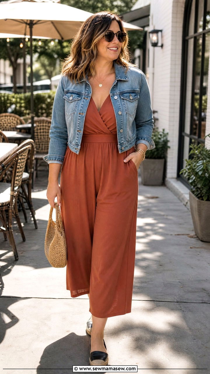 Cropped wide leg jumpsuit with a denim jacket - 25 casual outfits for apple shaped body