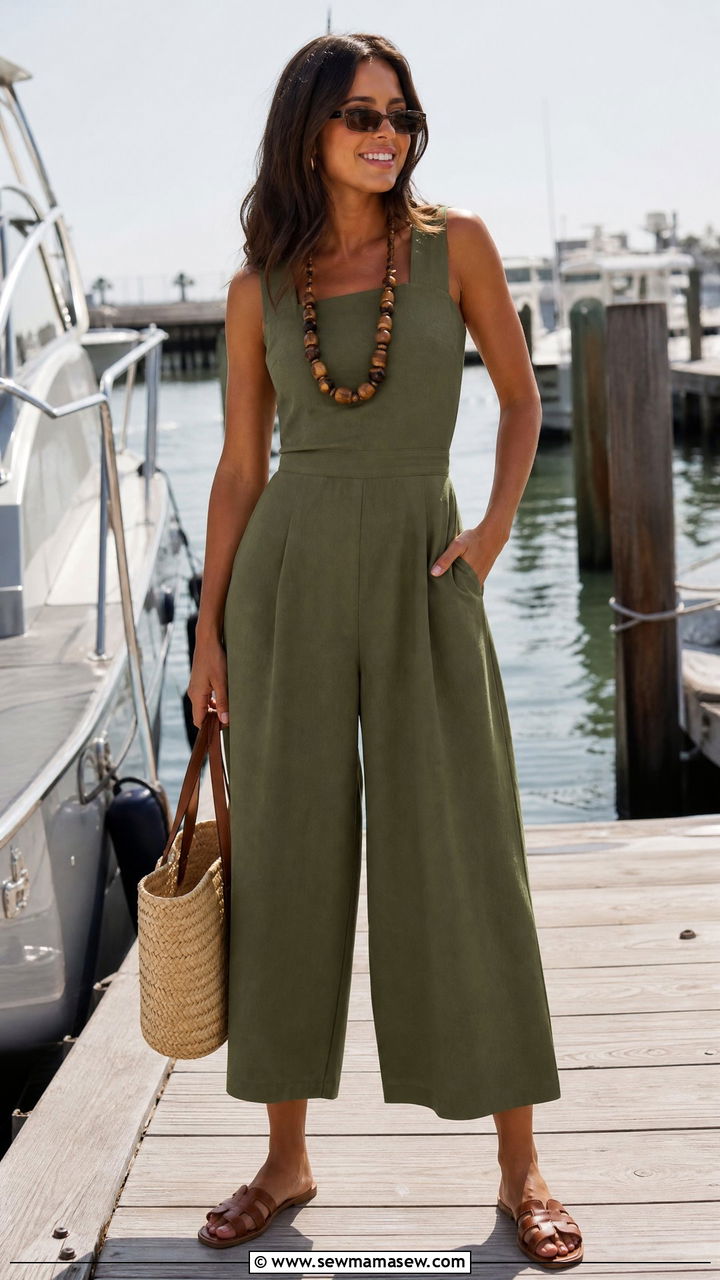 Cropped wide leg jumpsuit with straw tote - 30 Summer boat day outfit ideas