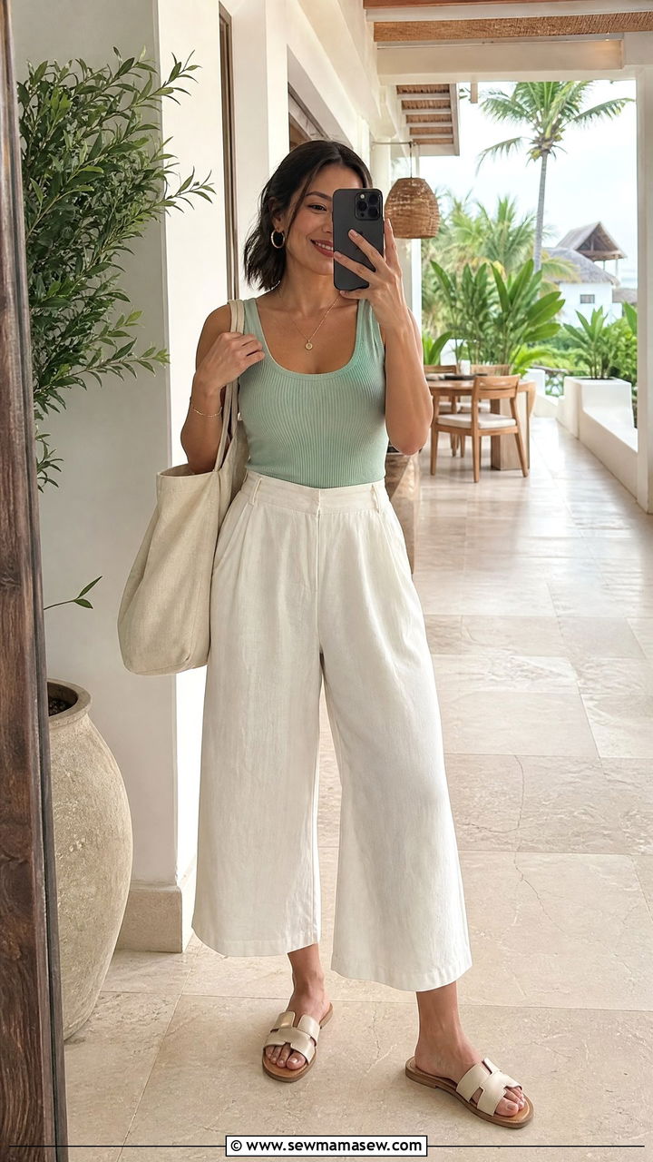 Cropped wide leg linen pants with tucked tank top - 30 Resort wear outfit ideas petite