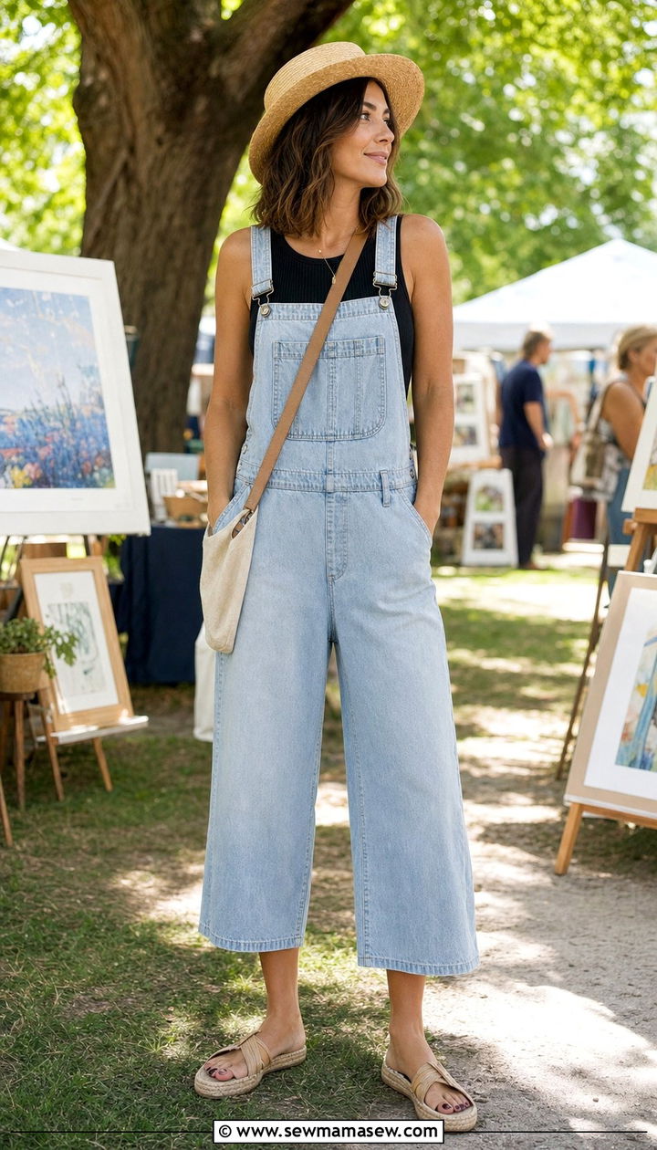 Cropped wide leg overalls with a fitted sleeveless top - 25 summer outfits for rectangle body shape