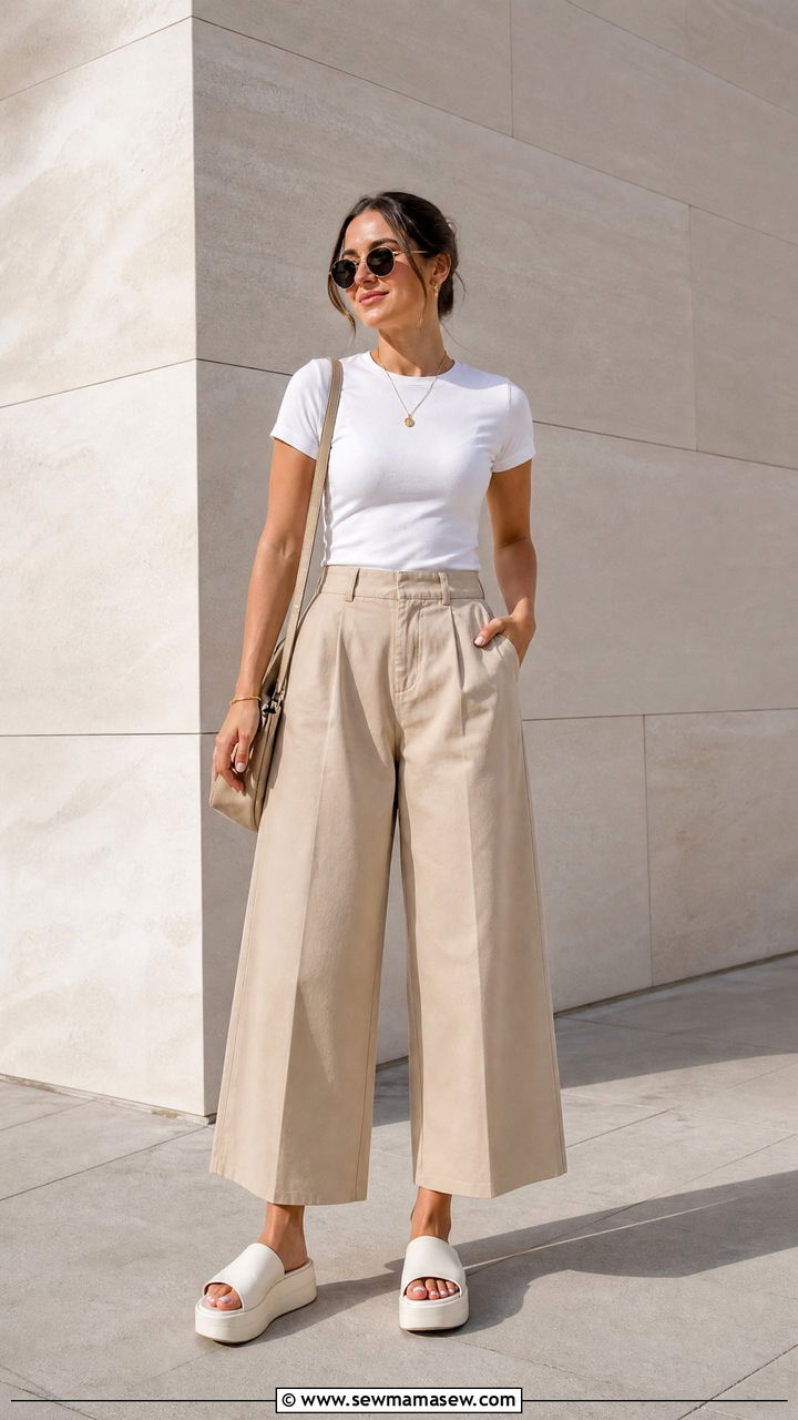Cropped wide leg pants and fitted tee with platform slide sandals - 30 summer outfits with slide sandals