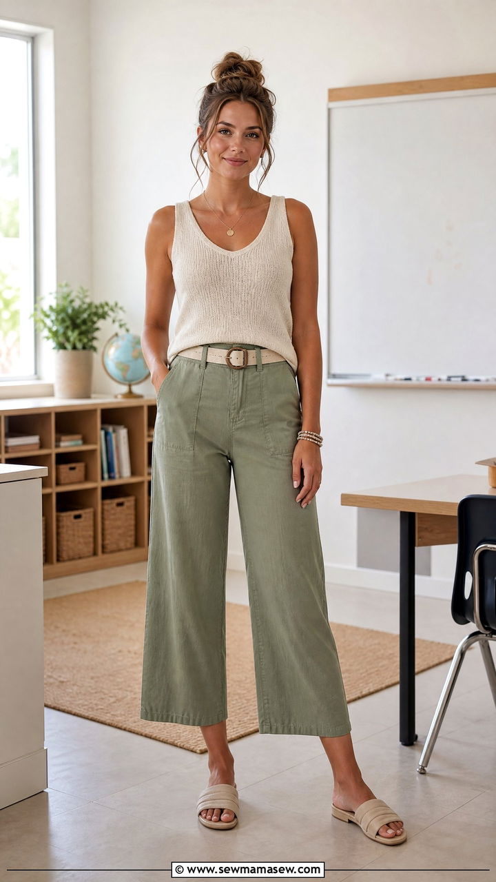 Cropped wide leg pants and knit tank teacher outfit - 30 summer teacher outfit ideas