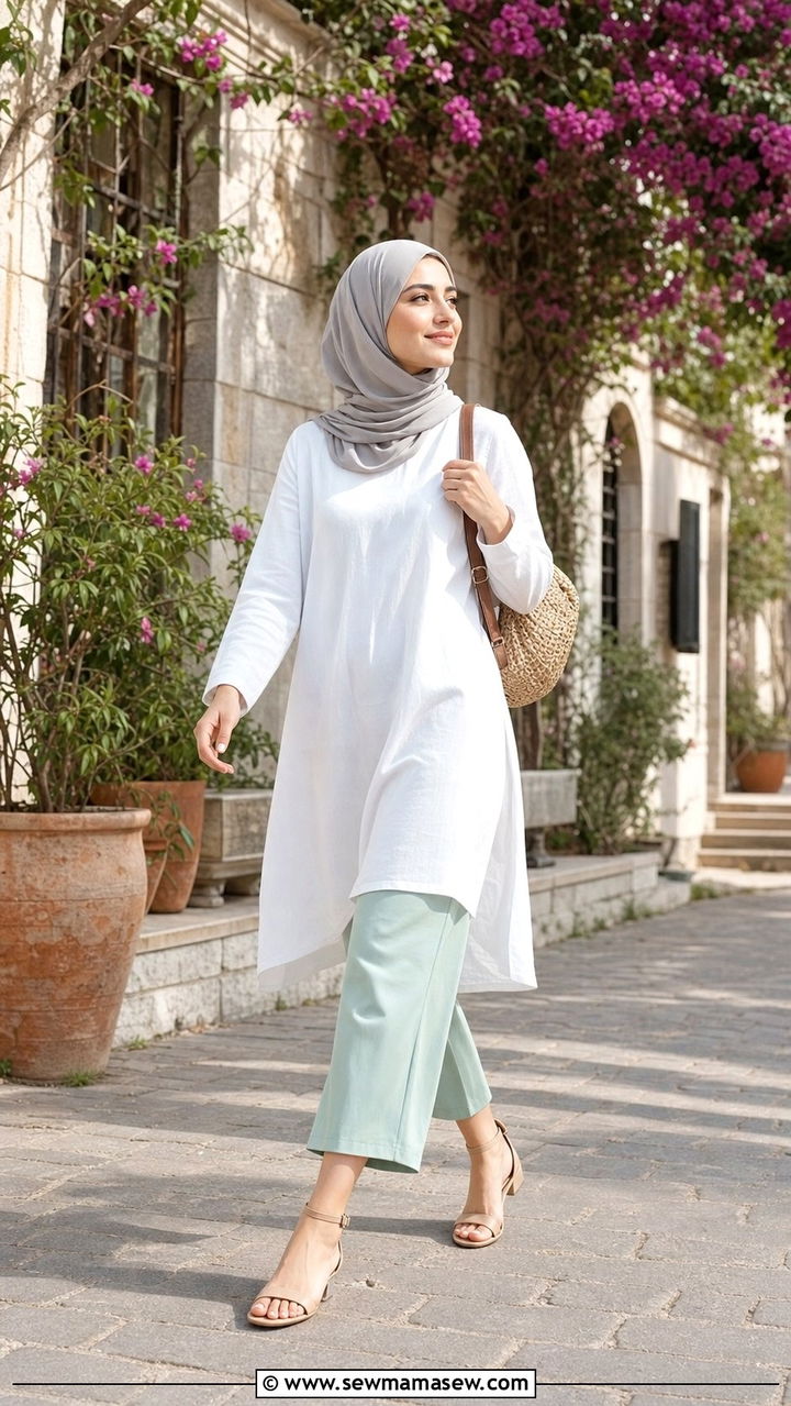 Cropped wide leg pants and tunic hijab - 25 summer outfits for hijab women
