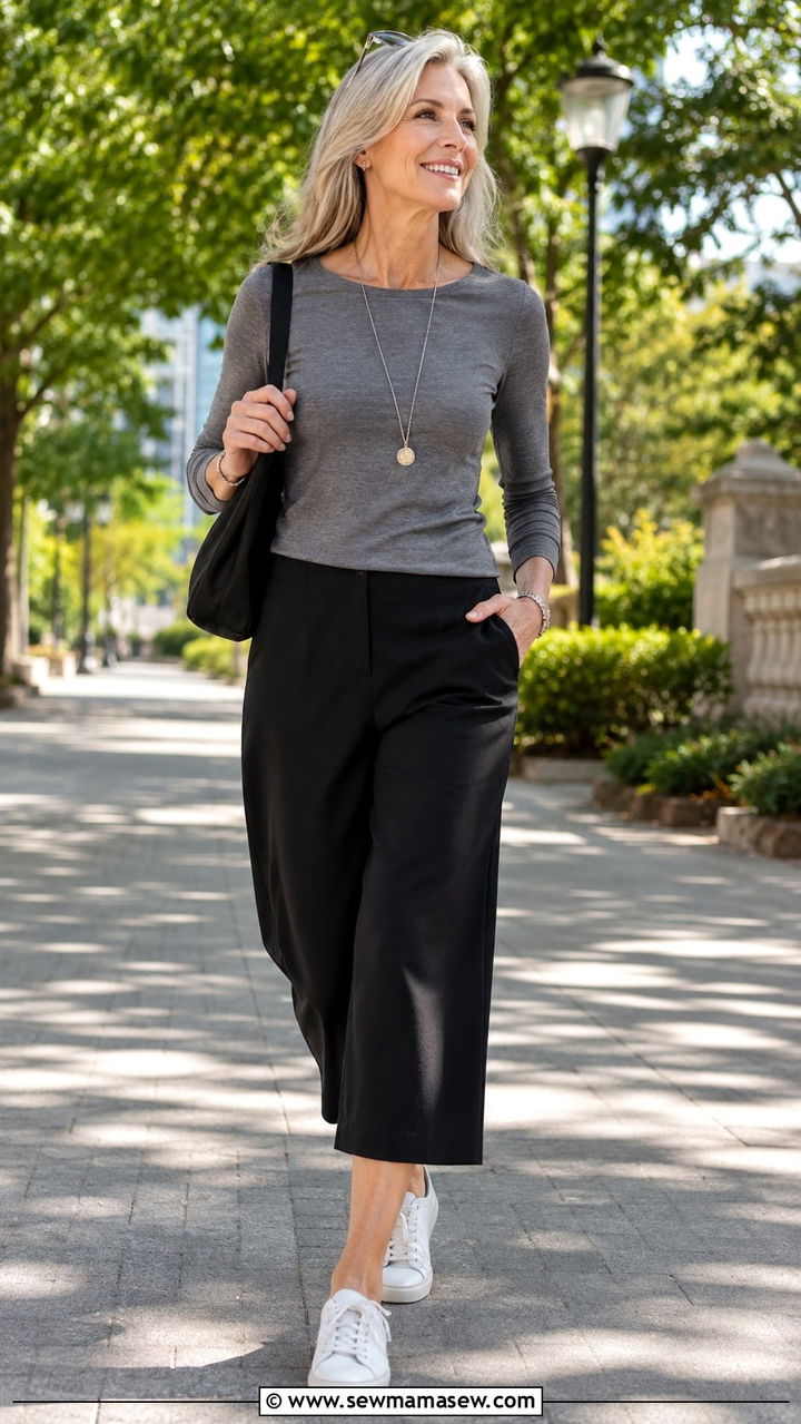 Cropped wide leg pants with a fitted long sleeve tee for tall women over 50 - 30 Tall outfits for women over 50