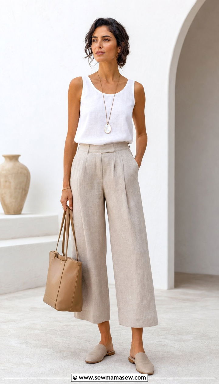Cropped wide leg pants with a linen shell - 35 Business casual outfits for summer heat