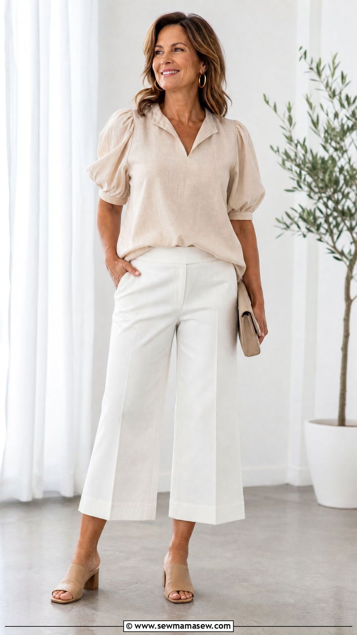Cropped wide leg pants with a puff sleeve top and mules - 35 Midsize outfits for women over 40