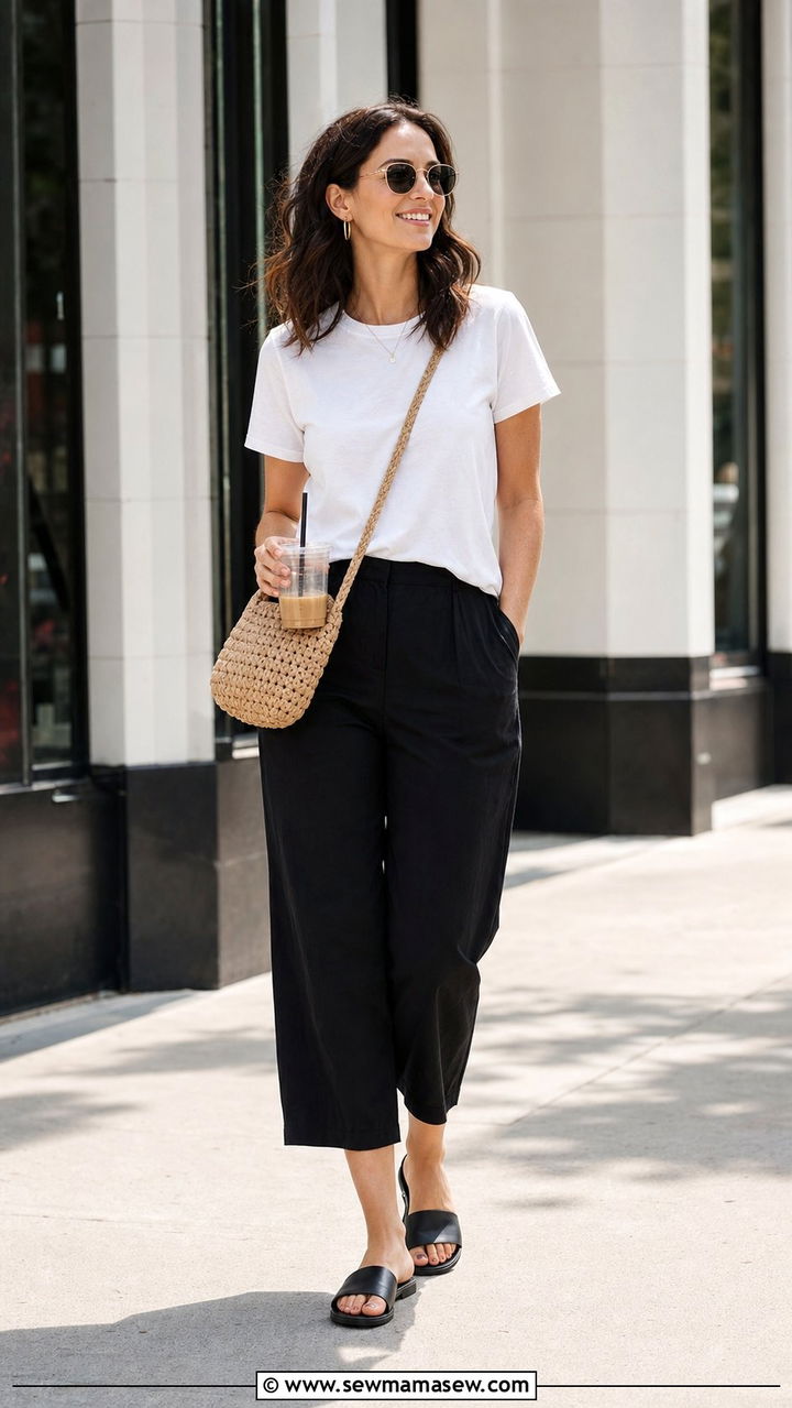Cropped wide leg pants with a tucked tee and slide sandals - 25 Study abroad outfit ideas