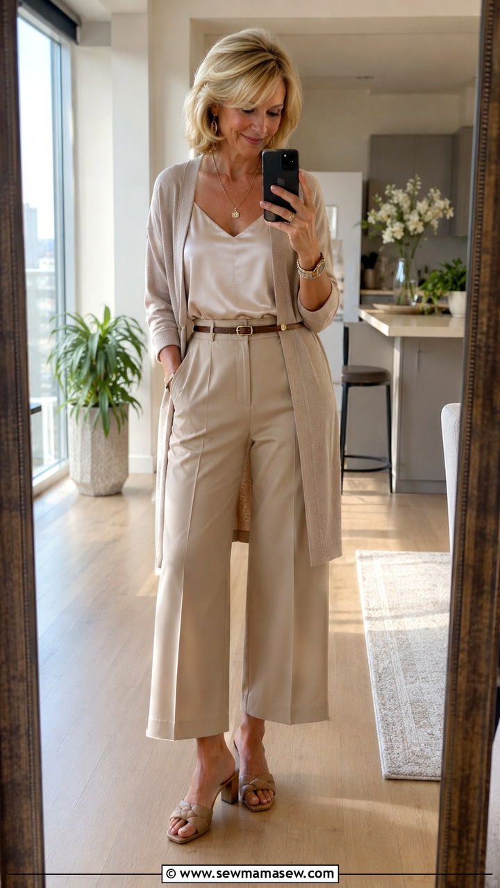 Cropped wide leg pants with camisole and cardigan rectangle - 25 Outfit ideas for rectangle over 40