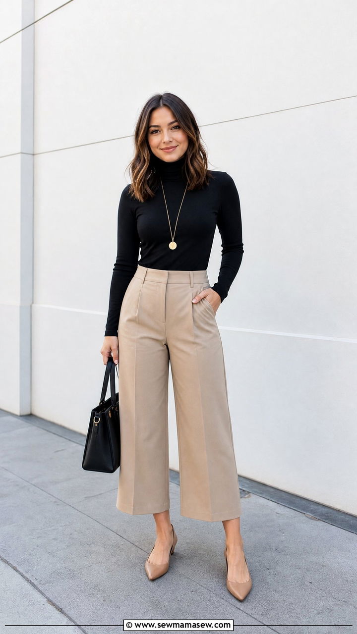 Cropped wide leg pants with fitted turtleneck - 25 casual outfits for short torso women