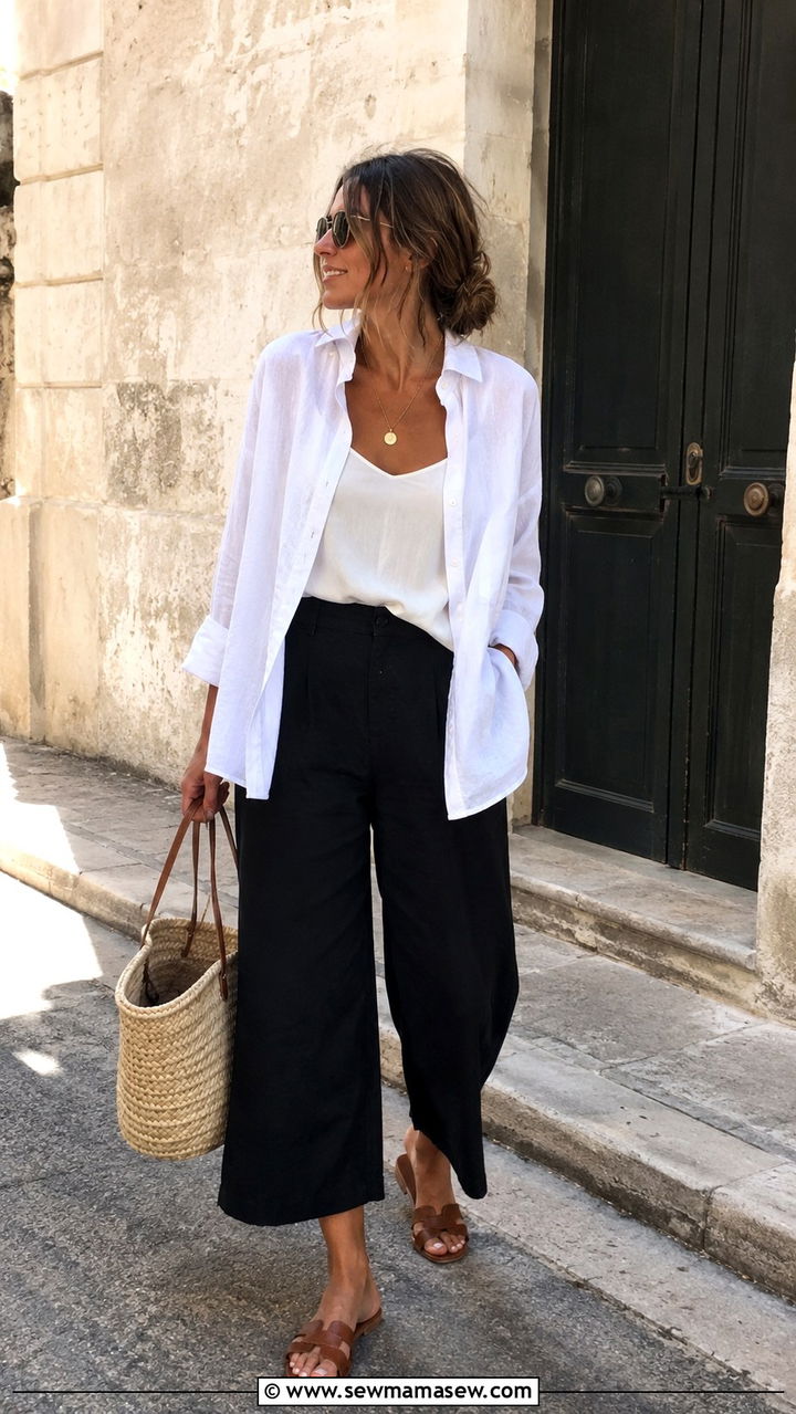Cropped wide leg pants with oversized linen shirt outfit - 30 Spring outfits to hide belly fat