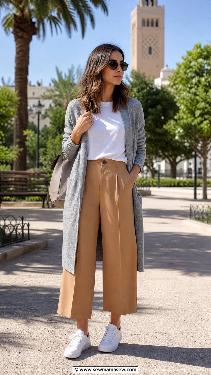 Cropped wide trousers with a long line cardigan - 25 Rabat outfit ideas